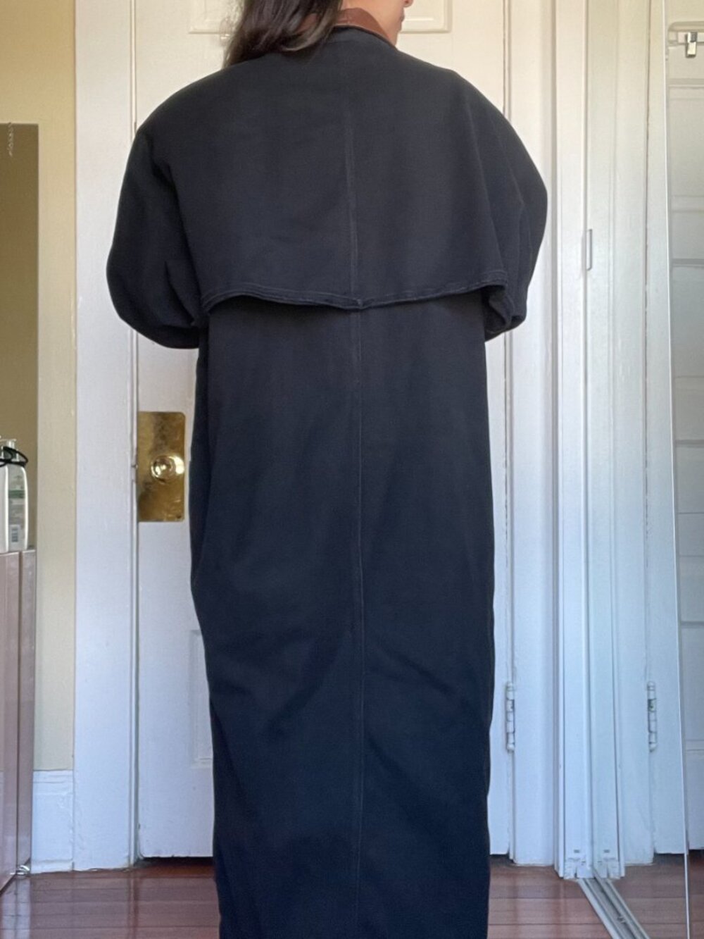 Black Denim Trenchcoat with Colorful Flannel Lining and Brown Leather Collar - Picture 3 of 6